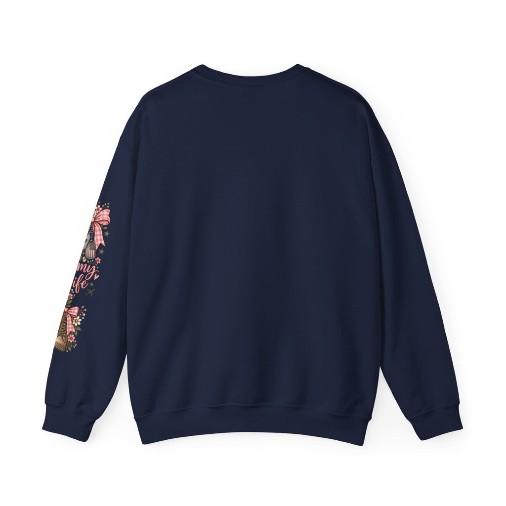 🎀 Army Wife Crewneck Sweatshirt | Military Spouse Sweatshirt with Boots, Pink Bows & Floral Sleeve Design | Army Wife Gift 🇺🇸