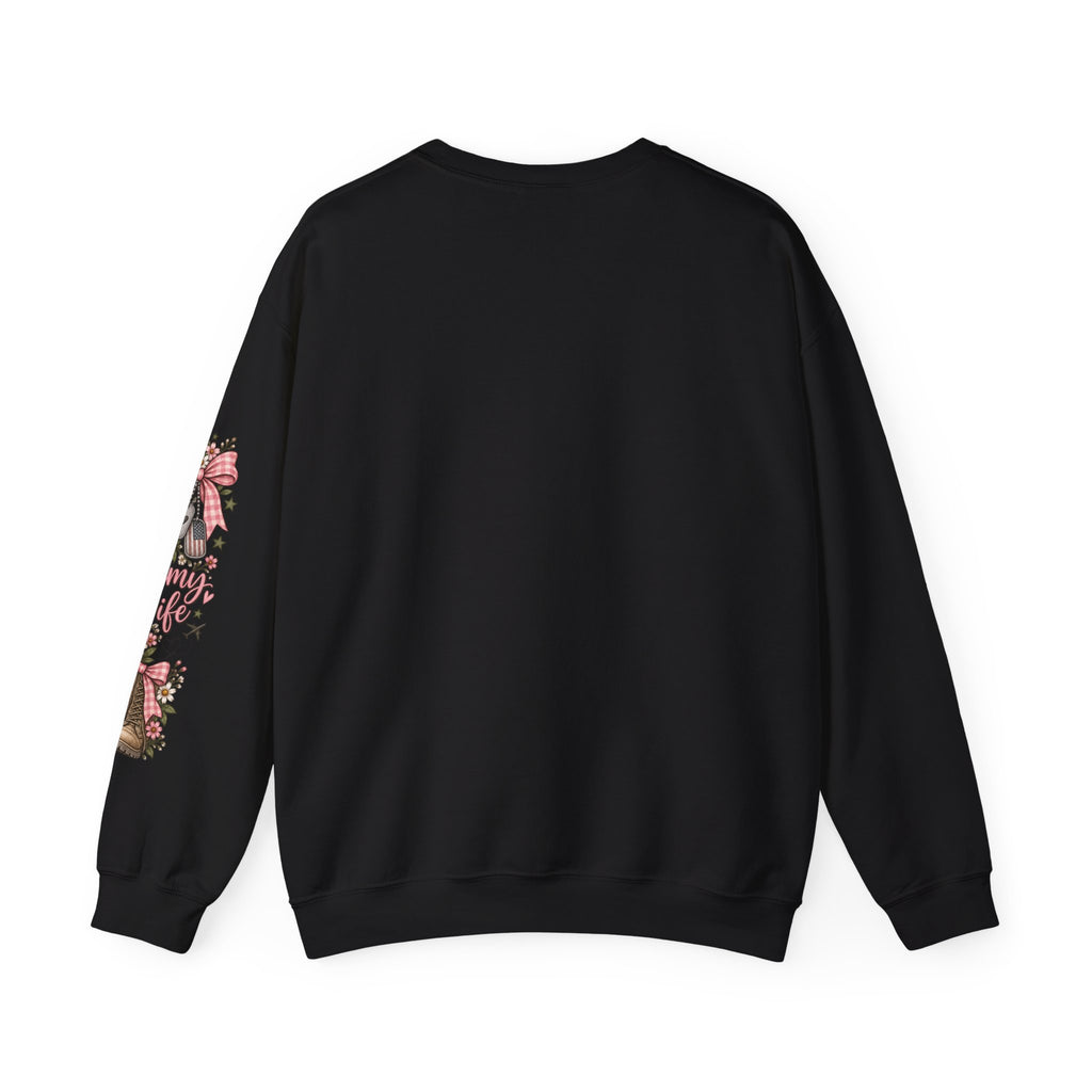 🎀 Army Wife Crewneck Sweatshirt | Military Spouse Sweatshirt with Boots, Pink Bows & Floral Sleeve Design | Army Wife Gift 🇺🇸
