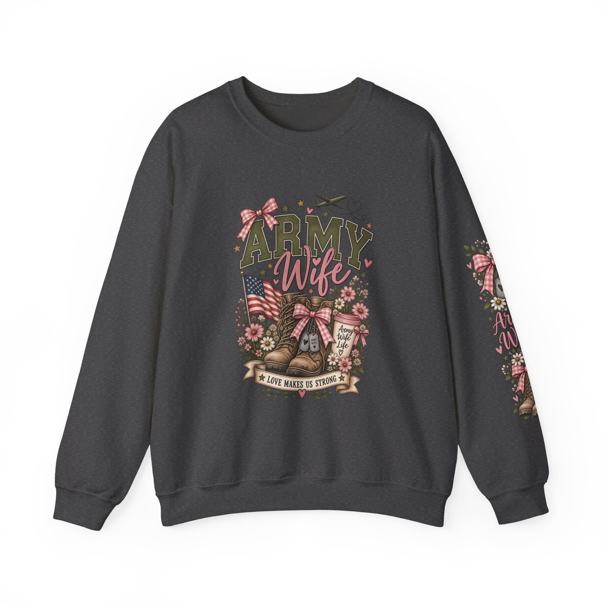 🎀 Army Wife Crewneck Sweatshirt | Military Spouse Sweatshirt with Boots, Pink Bows & Floral Sleeve Design | Army Wife Gift 🇺🇸