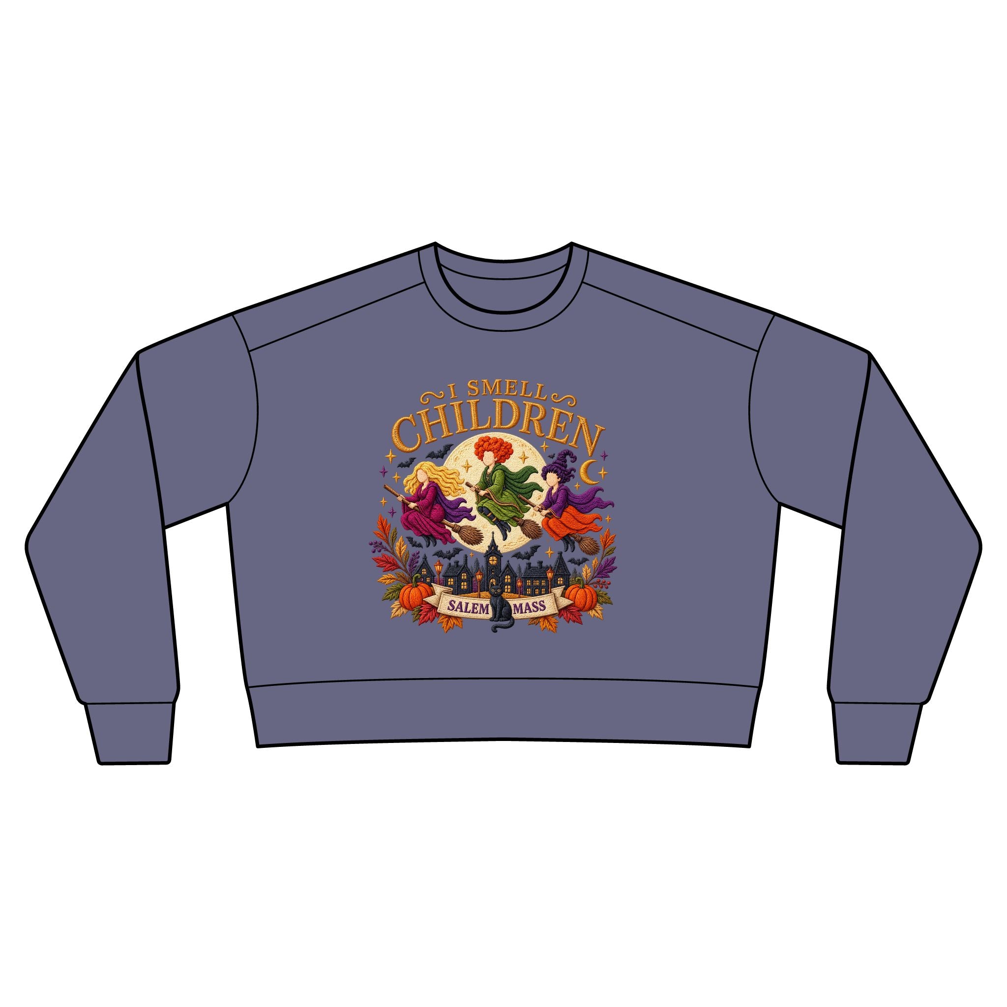 🎃 I Smell Children Witchy Fall Sweatshirt | Salem Halloween Crewneck with Black Cat Sleeve Design 🐈‍⬛✨