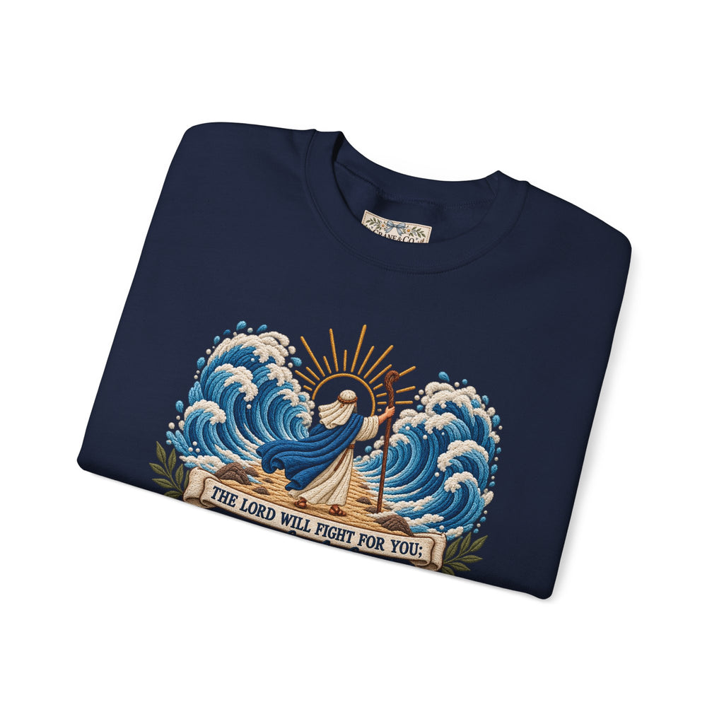 The Lord Will Fight for You Sweatshirt | Exodus 14:14 Christian Crewneck | Moses Red Sea Bible Verse Shirt
