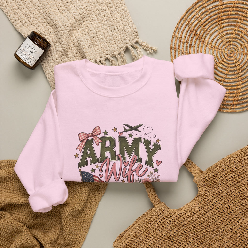 🎀 Army Wife Crewneck Sweatshirt | Military Spouse Sweatshirt with Boots, Pink Bows & Floral Sleeve Design | Army Wife Gift 🇺🇸