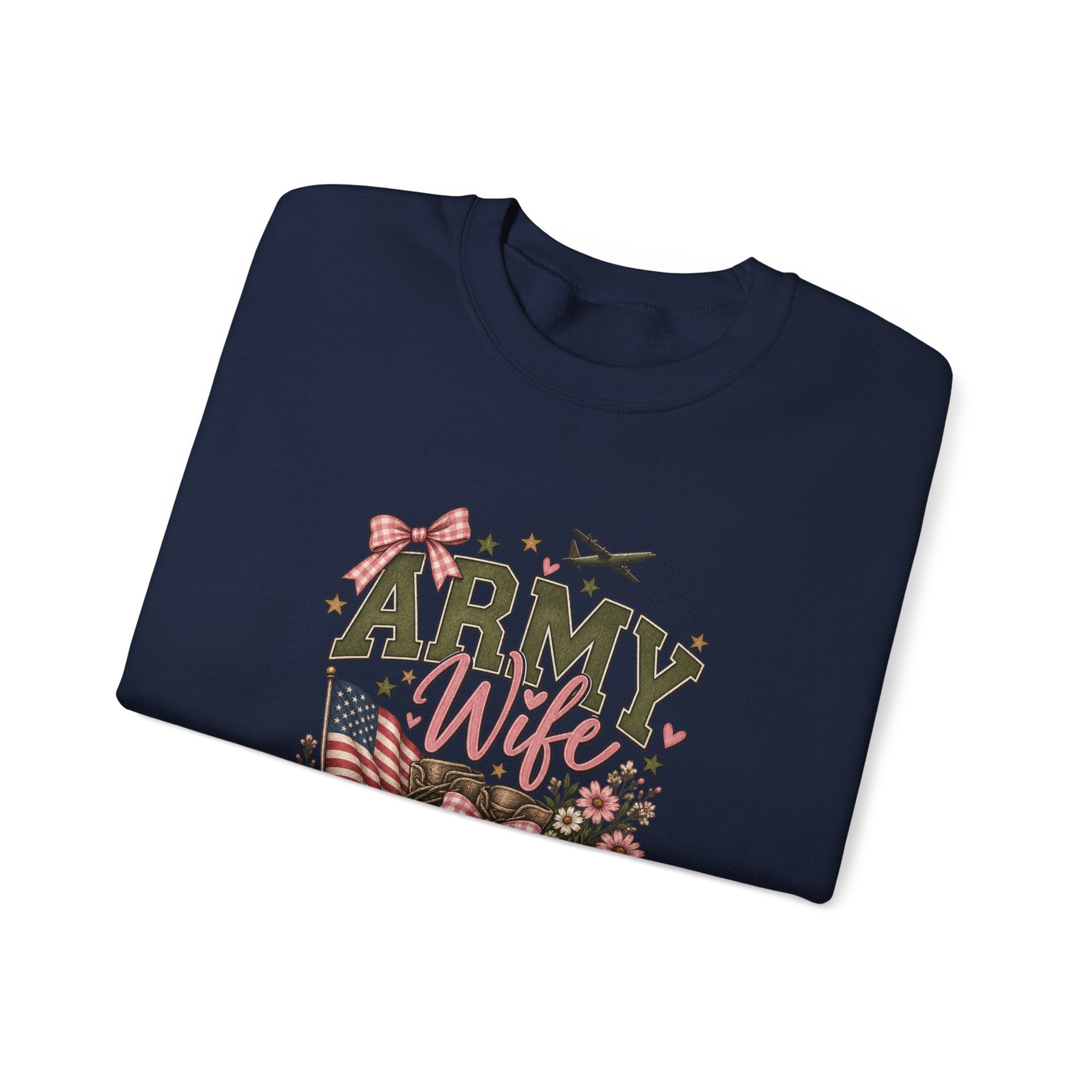 🎀 Army Wife Crewneck Sweatshirt | Military Spouse Sweatshirt with Boots, Pink Bows & Floral Sleeve Design | Army Wife Gift 🇺🇸