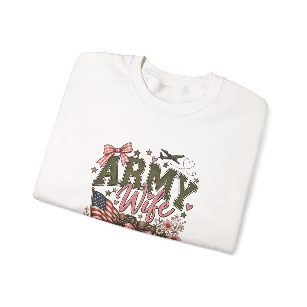 🎀 Army Wife Crewneck Sweatshirt | Military Spouse Sweatshirt with Boots, Pink Bows & Floral Sleeve Design | Army Wife Gift 🇺🇸