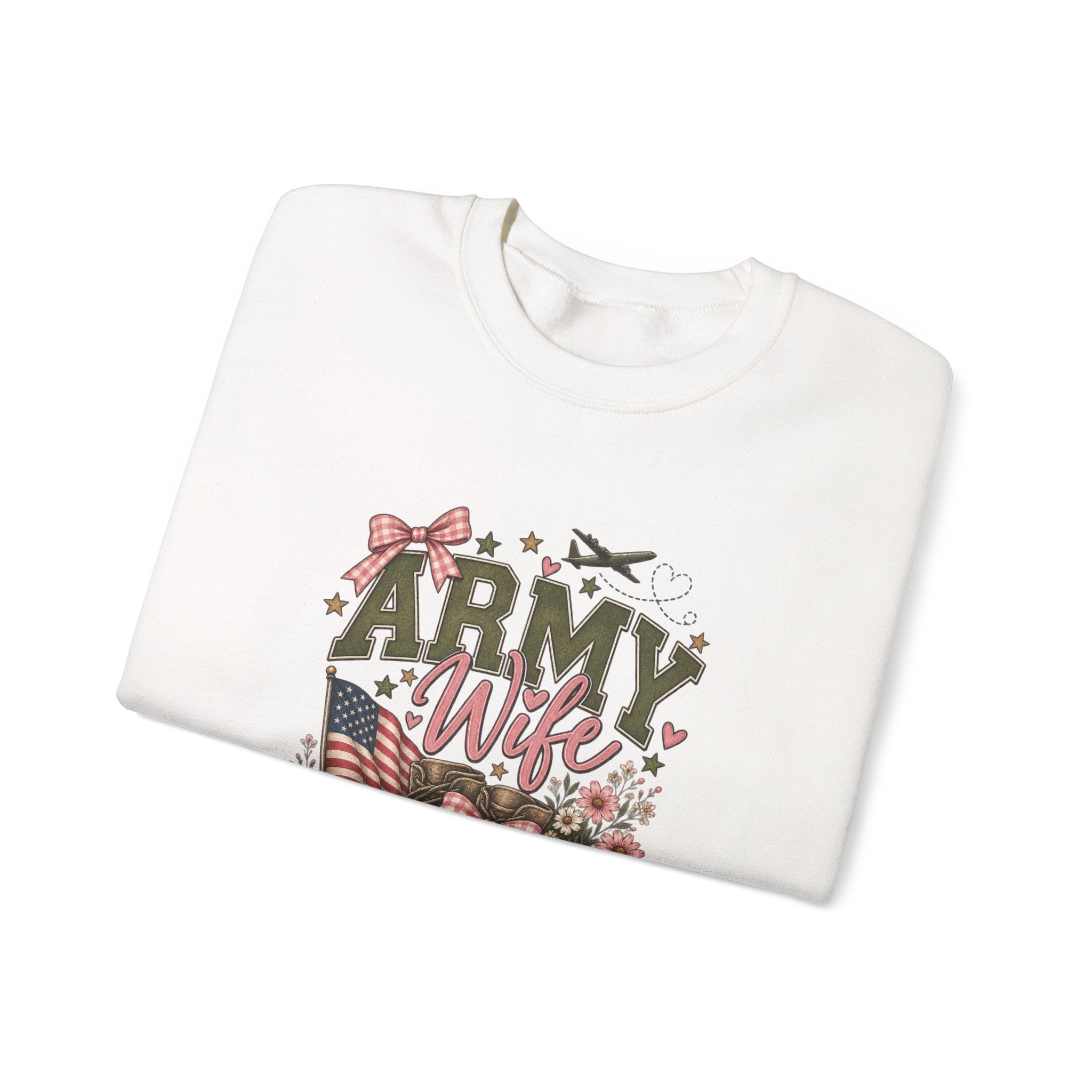 🎀 Army Wife Crewneck Sweatshirt | Military Spouse Sweatshirt with Boots, Pink Bows & Floral Sleeve Design | Army Wife Gift 🇺🇸