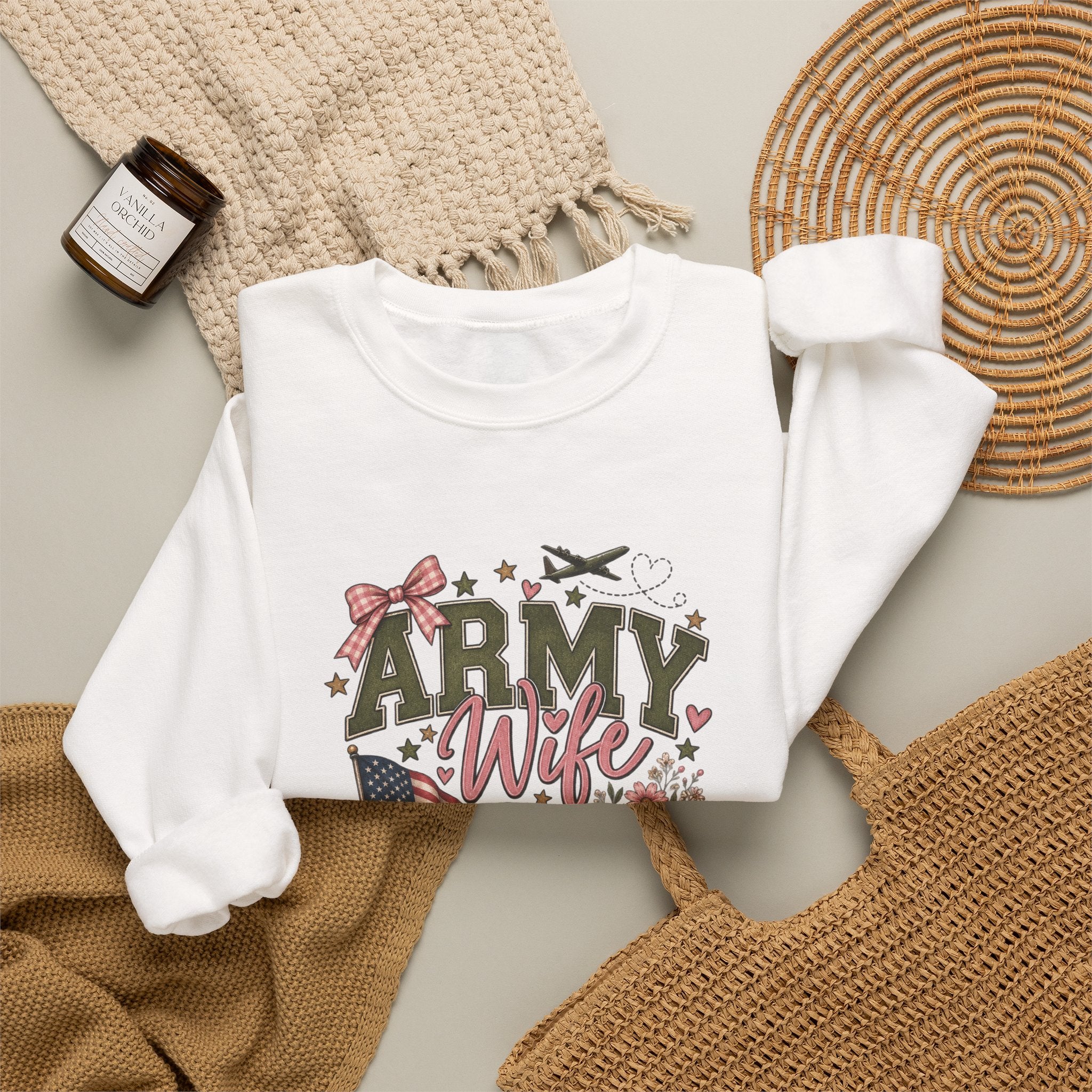 🎀 Army Wife Crewneck Sweatshirt | Military Spouse Sweatshirt with Boots, Pink Bows & Floral Sleeve Design | Army Wife Gift 🇺🇸