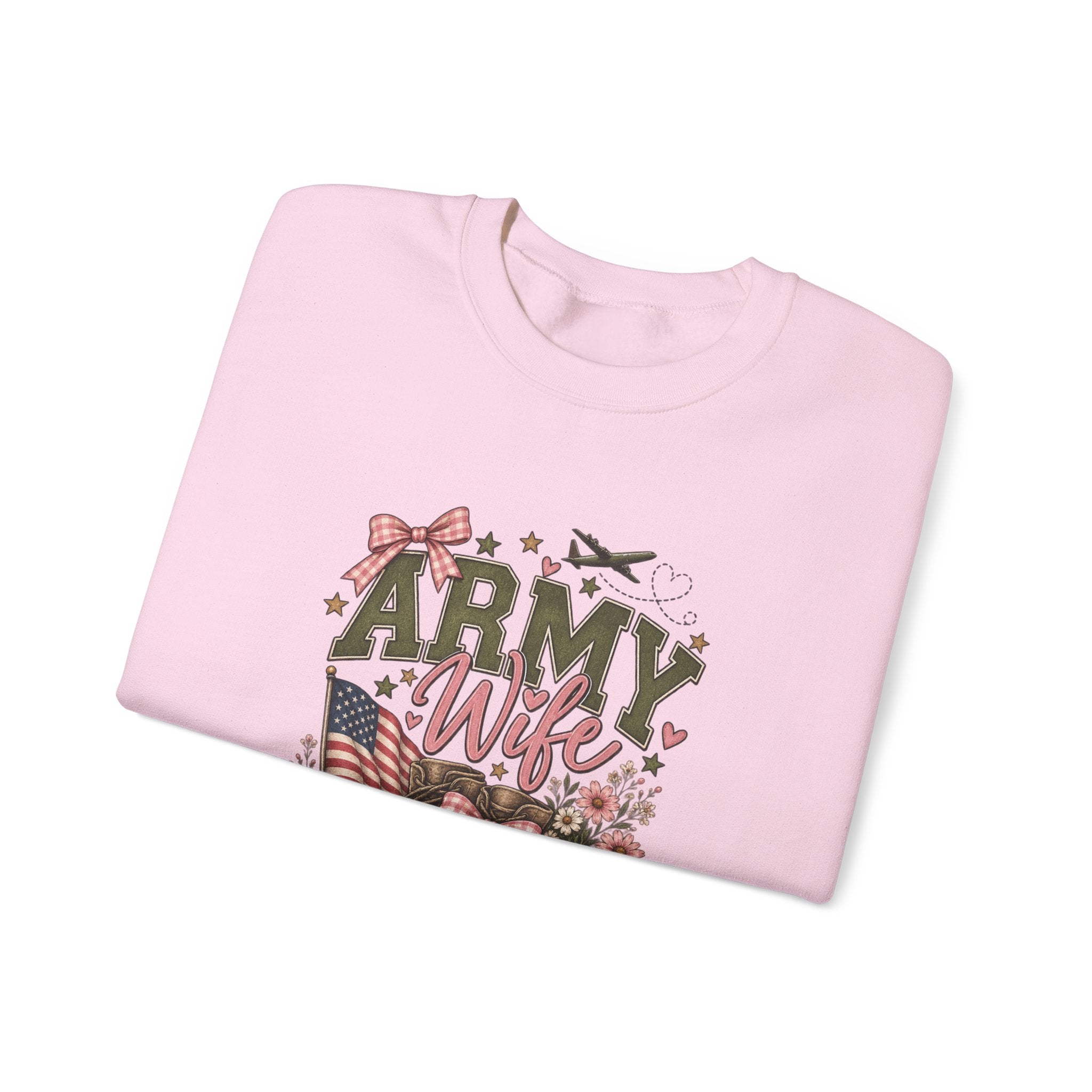 🎀 Army Wife Crewneck Sweatshirt | Military Spouse Sweatshirt with Boots, Pink Bows & Floral Sleeve Design | Army Wife Gift 🇺🇸