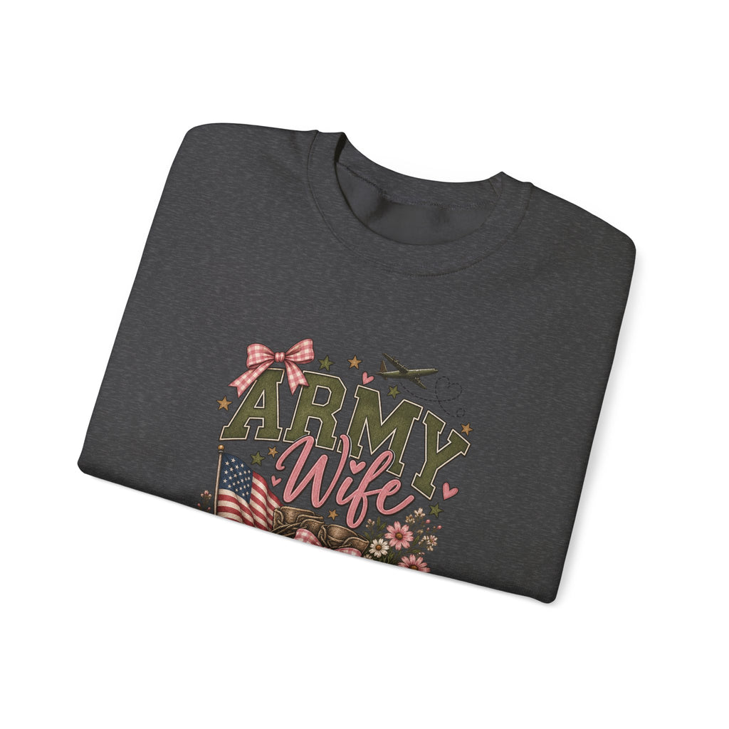 🎀 Army Wife Crewneck Sweatshirt | Military Spouse Sweatshirt with Boots, Pink Bows & Floral Sleeve Design | Army Wife Gift 🇺🇸