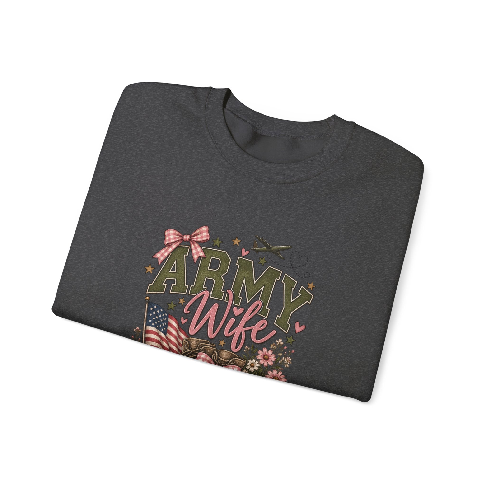 🎀 Army Wife Crewneck Sweatshirt | Military Spouse Sweatshirt with Boots, Pink Bows & Floral Sleeve Design | Army Wife Gift 🇺🇸