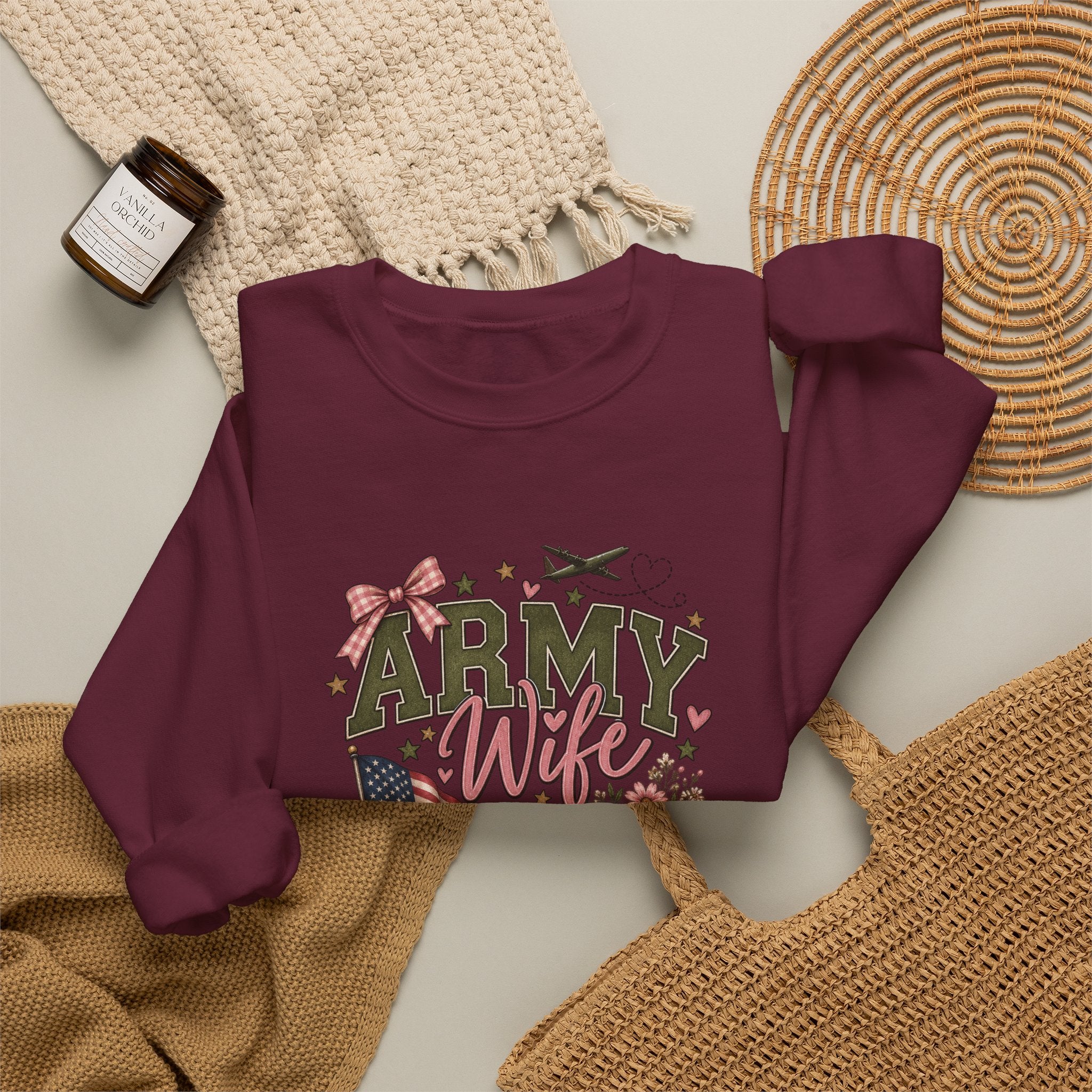 🎀 Army Wife Crewneck Sweatshirt | Military Spouse Sweatshirt with Boots, Pink Bows & Floral Sleeve Design | Army Wife Gift 🇺🇸