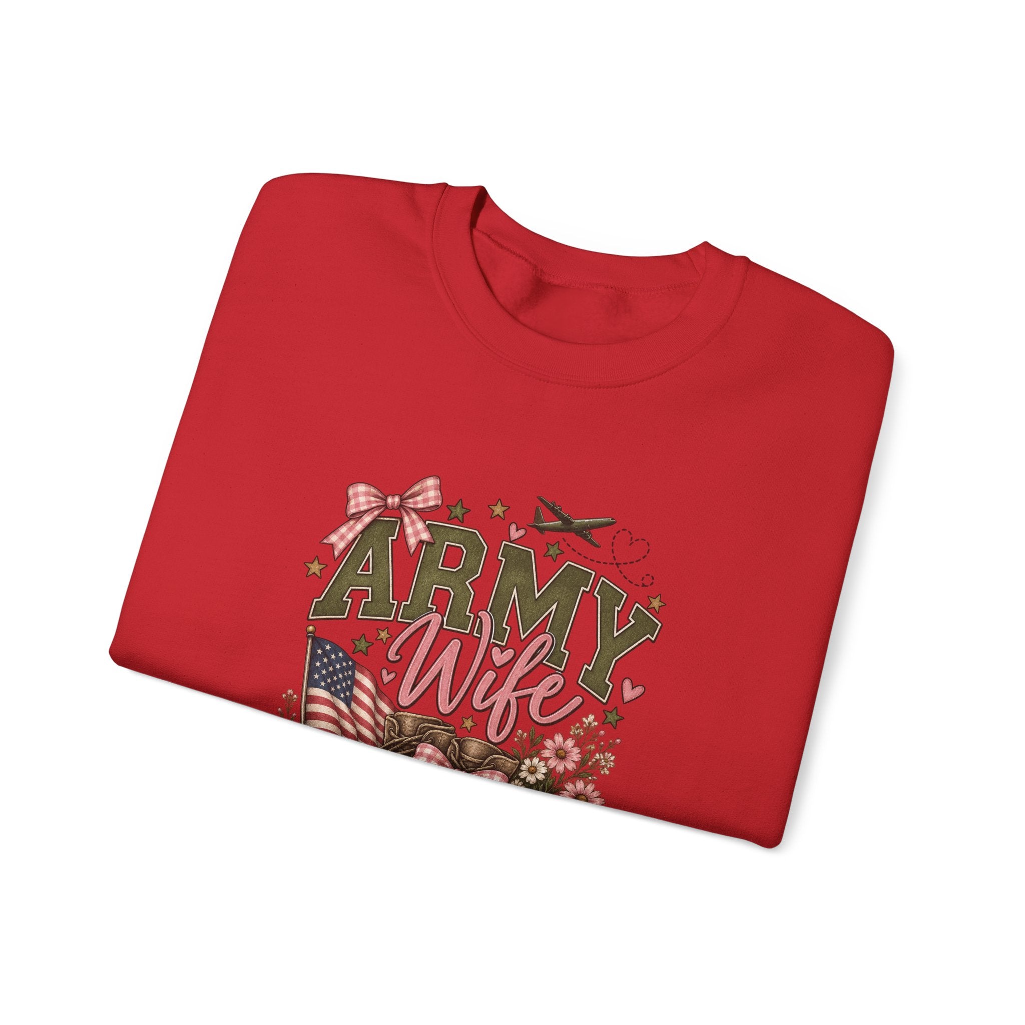 🎀 Army Wife Crewneck Sweatshirt | Military Spouse Sweatshirt with Boots, Pink Bows & Floral Sleeve Design | Army Wife Gift 🇺🇸