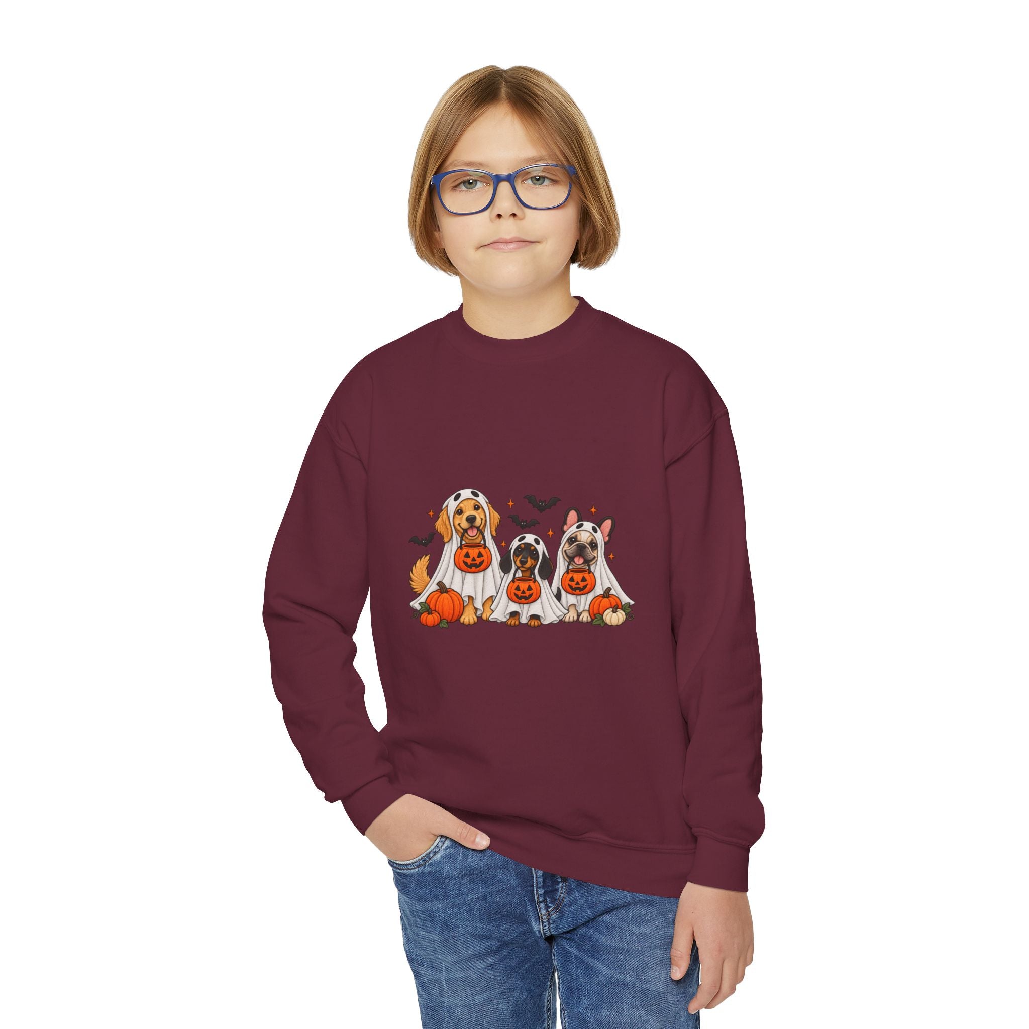 Kids' Halloween Puppy Crewneck Sweatshirt — Cute Dogs with Pumpkins Design