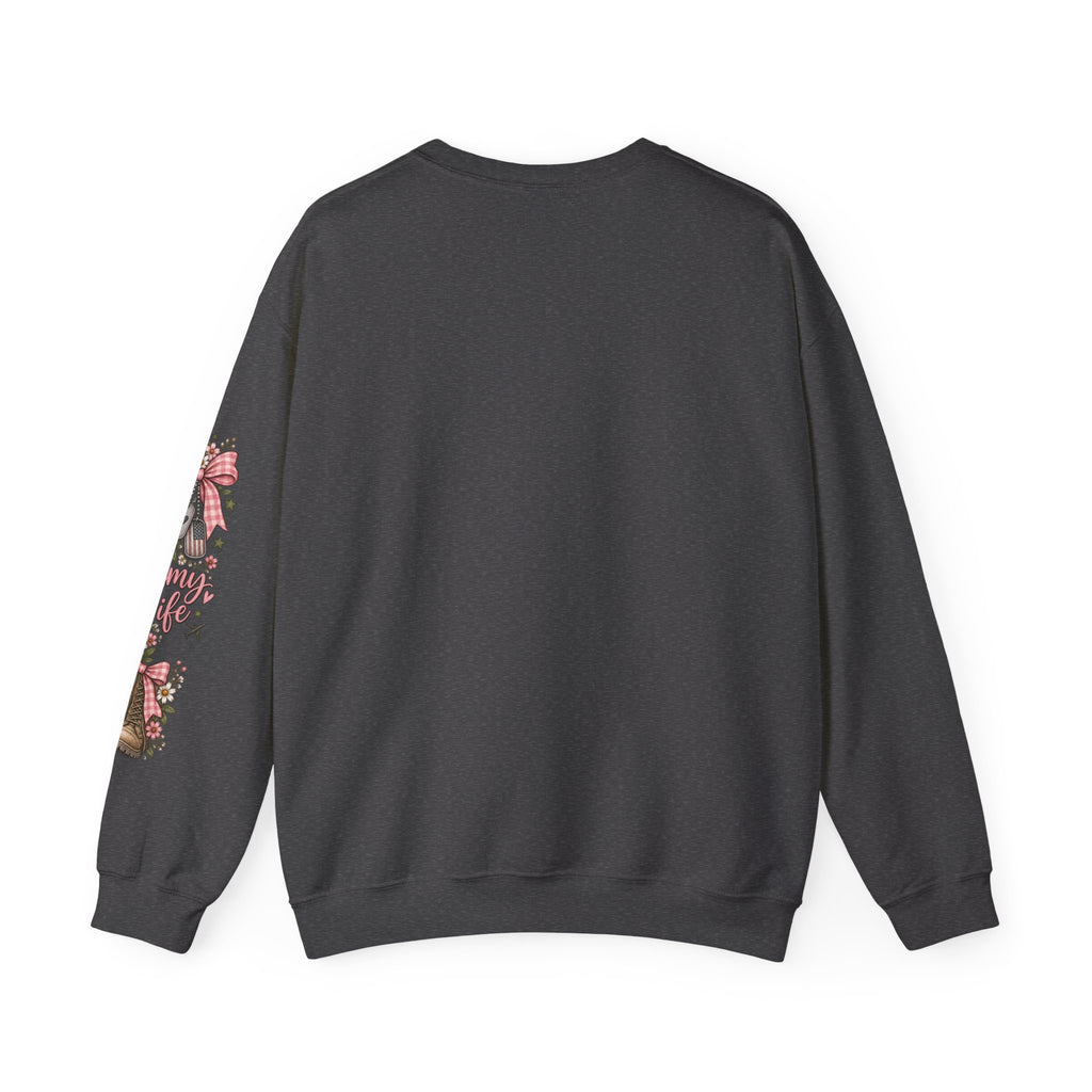 🎀 Army Wife Crewneck Sweatshirt | Military Spouse Sweatshirt with Boots, Pink Bows & Floral Sleeve Design | Army Wife Gift 🇺🇸