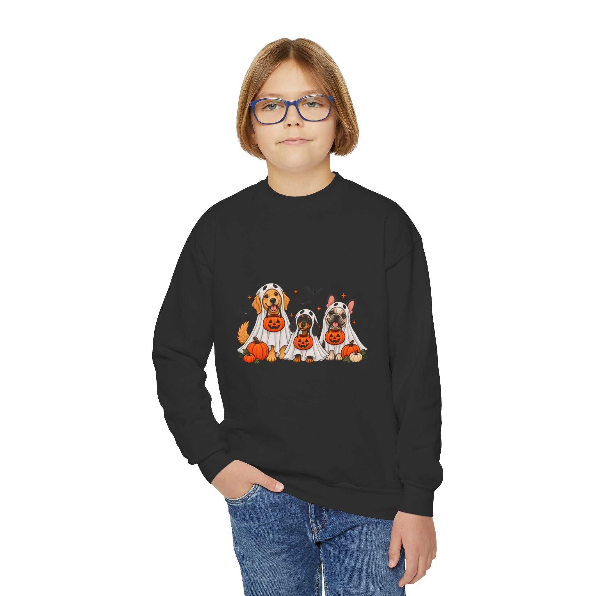 Kids' Halloween Puppy Crewneck Sweatshirt — Cute Dogs with Pumpkins Design