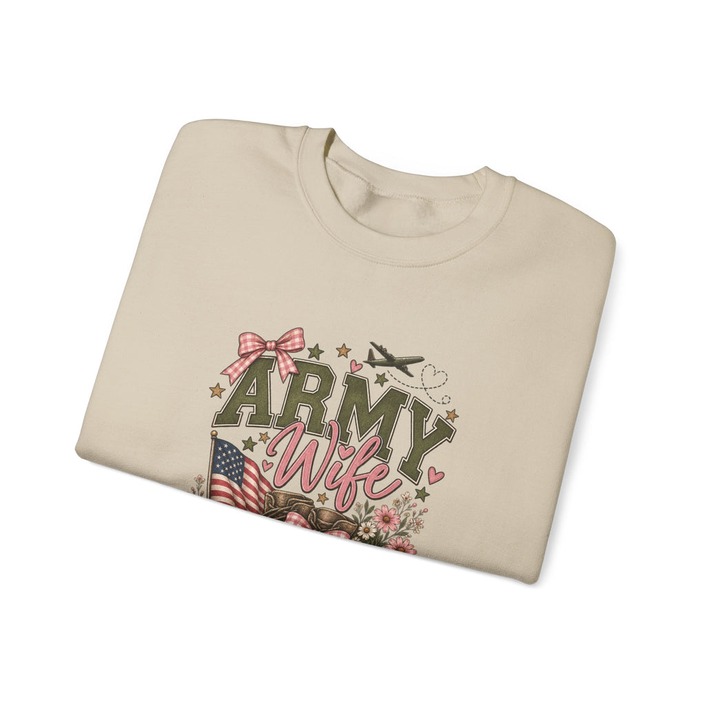 🎀 Army Wife Crewneck Sweatshirt | Military Spouse Sweatshirt with Boots, Pink Bows & Floral Sleeve Design | Army Wife Gift 🇺🇸