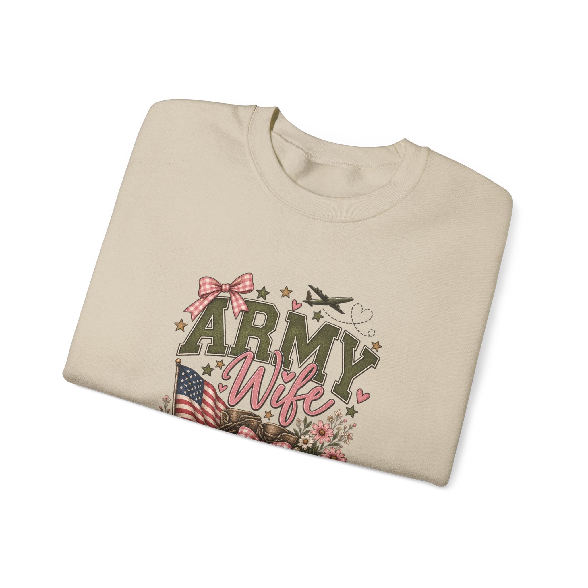 🎀 Army Wife Crewneck Sweatshirt | Military Spouse Sweatshirt with Boots, Pink Bows & Floral Sleeve Design | Army Wife Gift 🇺🇸