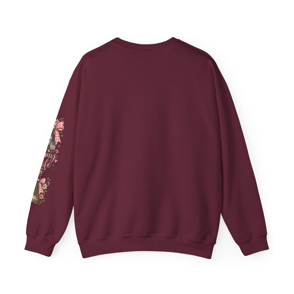 🎀 Army Wife Crewneck Sweatshirt | Military Spouse Sweatshirt with Boots, Pink Bows & Floral Sleeve Design | Army Wife Gift 🇺🇸