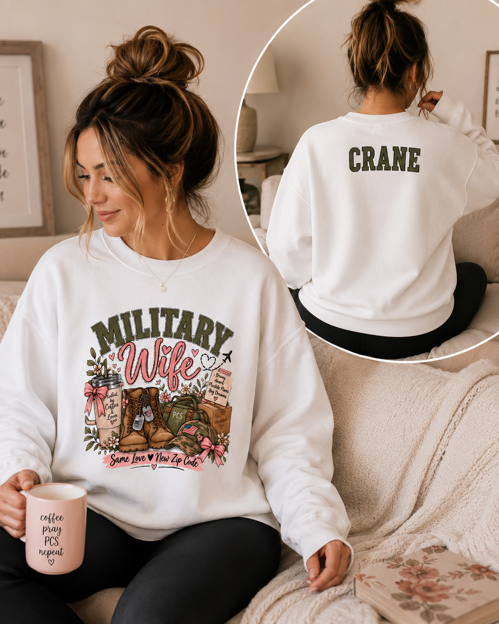 🎀 Military Wife Personalized Crewneck Sweatshirt | Custom Last Name Military Spouse Sweatshirt | Boots, Florals & PCS Life Design 🇺🇸