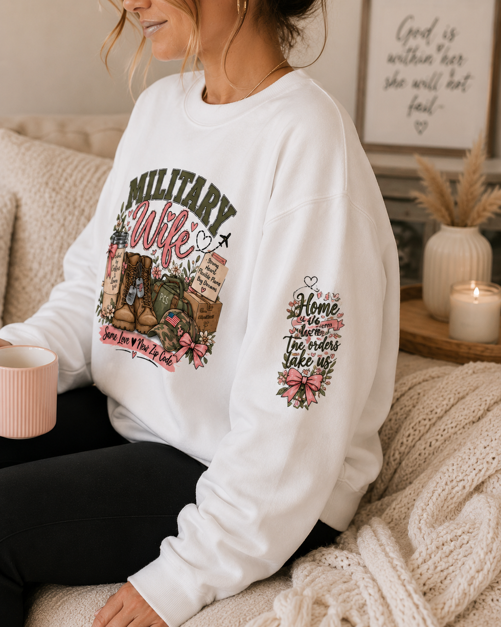 🎀 Military Wife Personalized Crewneck Sweatshirt | Custom Last Name Military Spouse Sweatshirt | Boots, Florals & PCS Life Design 🇺🇸