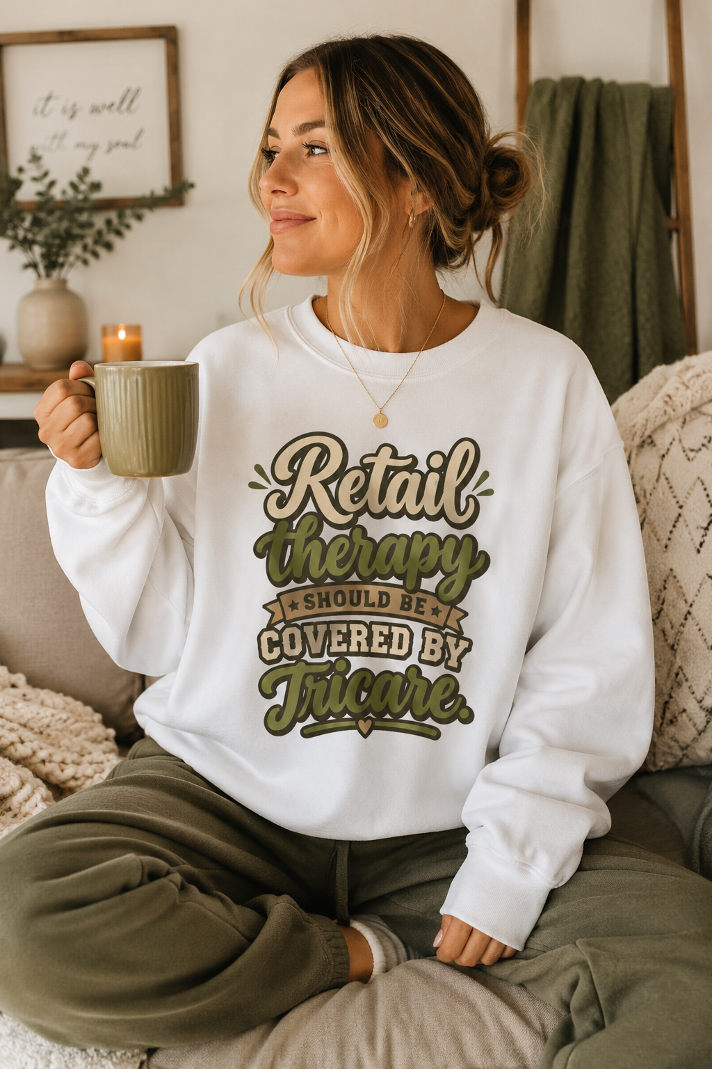 Crewneck Sweatshirt — "Retail Therapy Should Be Covered by Tricare" Graphic