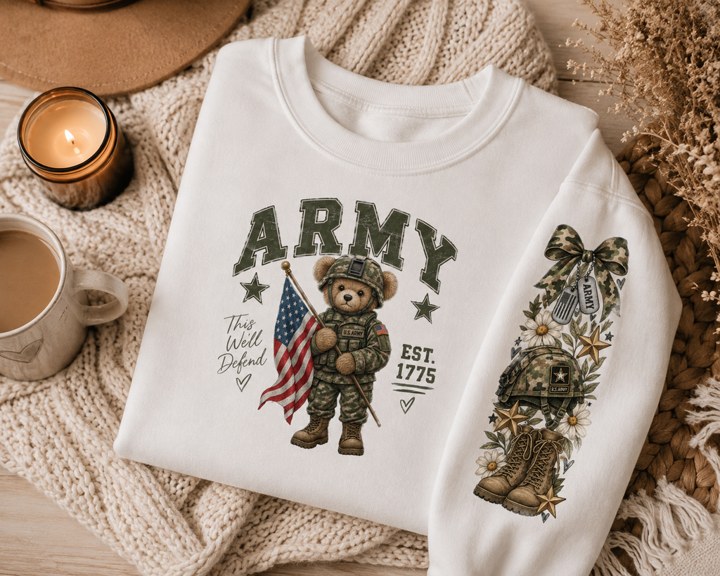 Army Teddy Bear Crewneck Sweatshirt — Patriotic Est. 1775 Military Graphic