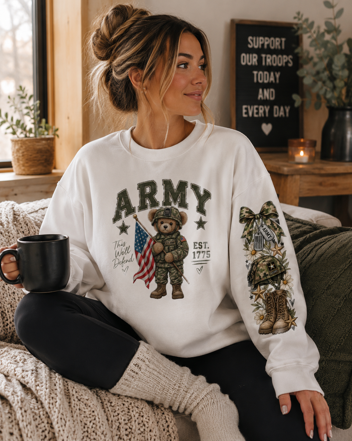 Army Teddy Bear Crewneck Sweatshirt — Patriotic Est. 1775 Military Graphic