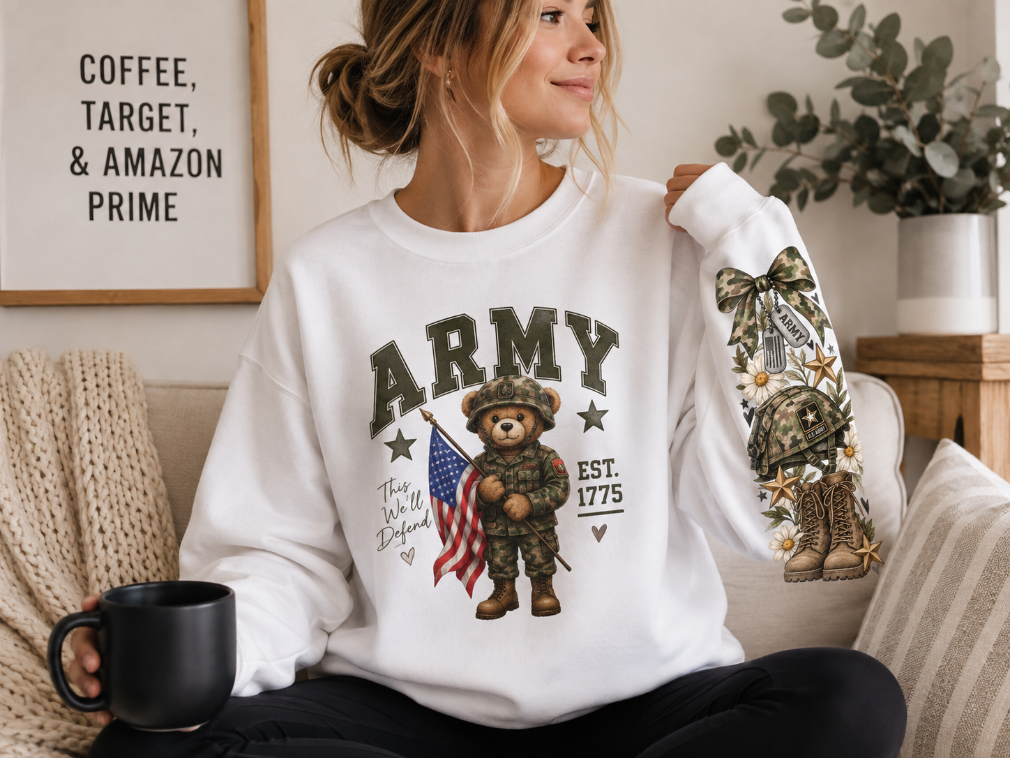 Army Teddy Bear Crewneck Sweatshirt — Patriotic Est. 1775 Military Graphic