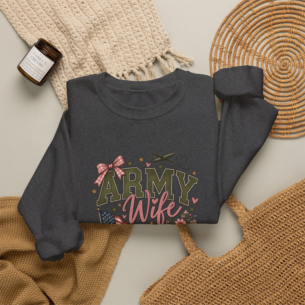 🎀 Army Wife Crewneck Sweatshirt | Military Spouse Sweatshirt with Boots, Pink Bows & Floral Sleeve Design | Army Wife Gift 🇺🇸