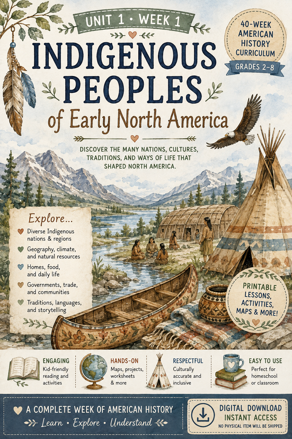 Indigenous Peoples of Early North America | American History Homeschool Curriculum | 22-Page Printable Unit Study | Digital Download