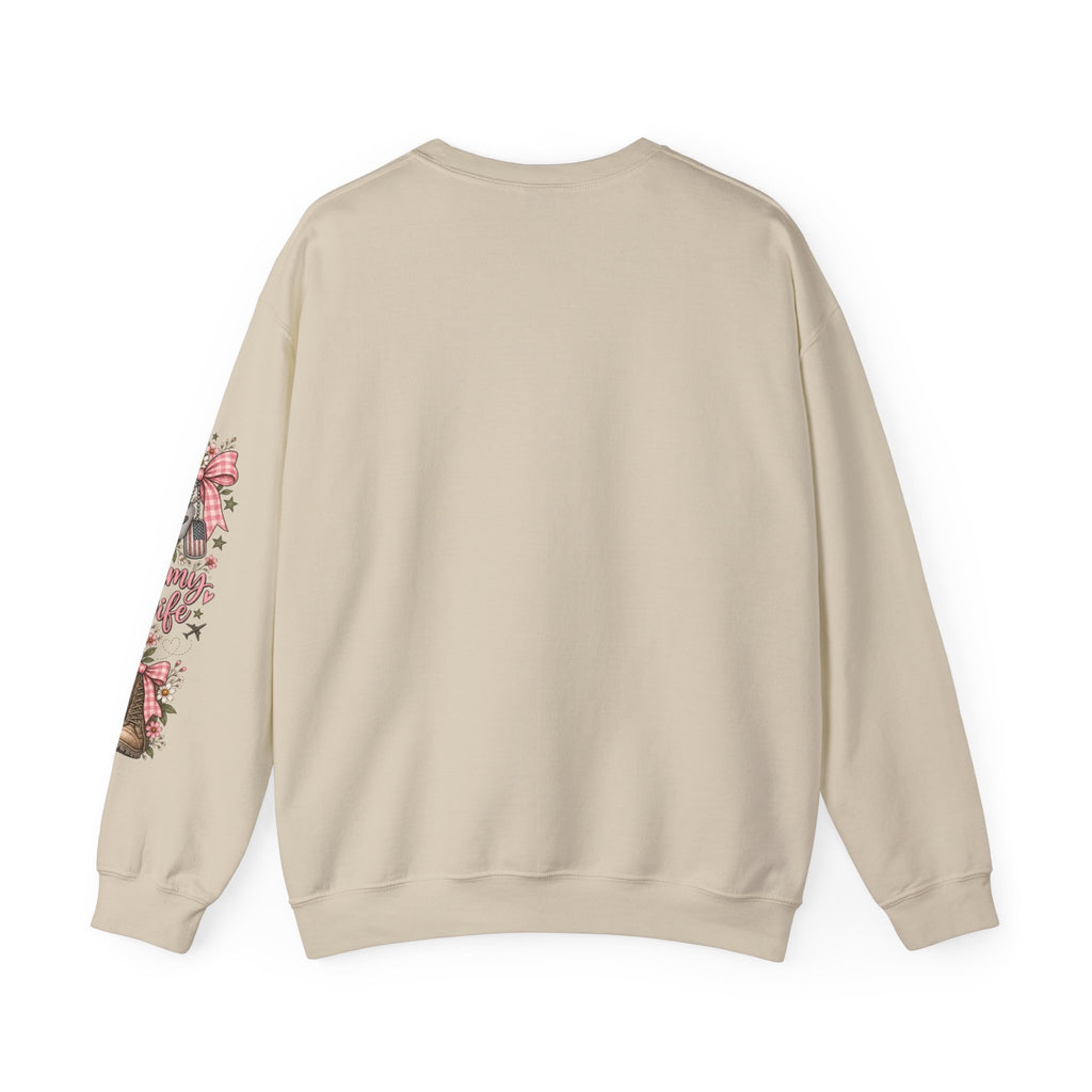 🎀 Army Wife Crewneck Sweatshirt | Military Spouse Sweatshirt with Boots, Pink Bows & Floral Sleeve Design | Army Wife Gift 🇺🇸