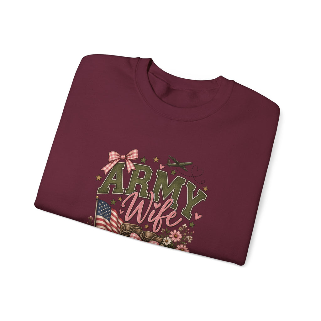 🎀 Army Wife Crewneck Sweatshirt | Military Spouse Sweatshirt with Boots, Pink Bows & Floral Sleeve Design | Army Wife Gift 🇺🇸