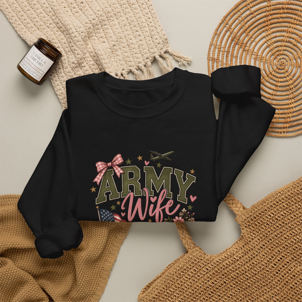 🎀 Army Wife Crewneck Sweatshirt | Military Spouse Sweatshirt with Boots, Pink Bows & Floral Sleeve Design | Army Wife Gift 🇺🇸