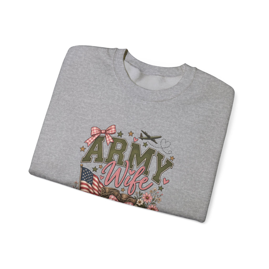 🎀 Army Wife Crewneck Sweatshirt | Military Spouse Sweatshirt with Boots, Pink Bows & Floral Sleeve Design | Army Wife Gift 🇺🇸