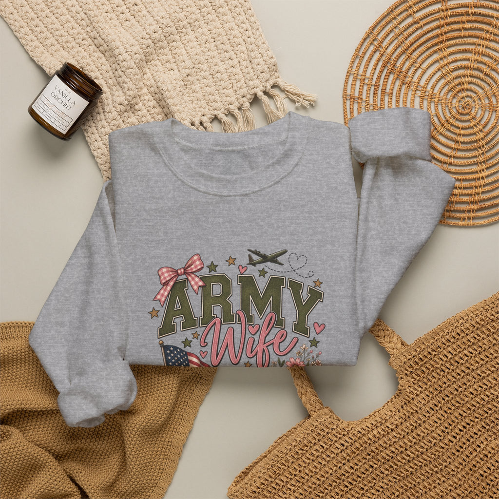 🎀 Army Wife Crewneck Sweatshirt | Military Spouse Sweatshirt with Boots, Pink Bows & Floral Sleeve Design | Army Wife Gift 🇺🇸