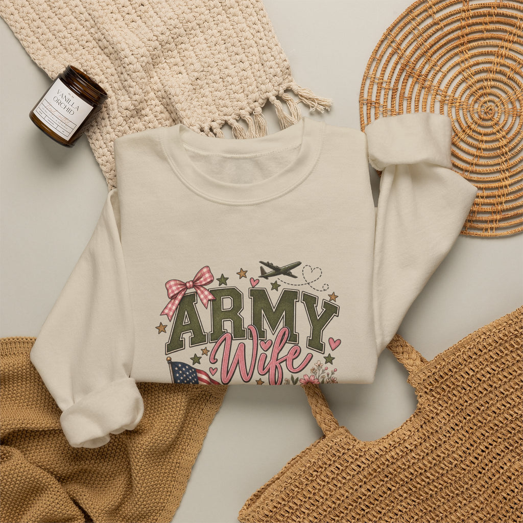 🎀 Army Wife Crewneck Sweatshirt | Military Spouse Sweatshirt with Boots, Pink Bows & Floral Sleeve Design | Army Wife Gift 🇺🇸