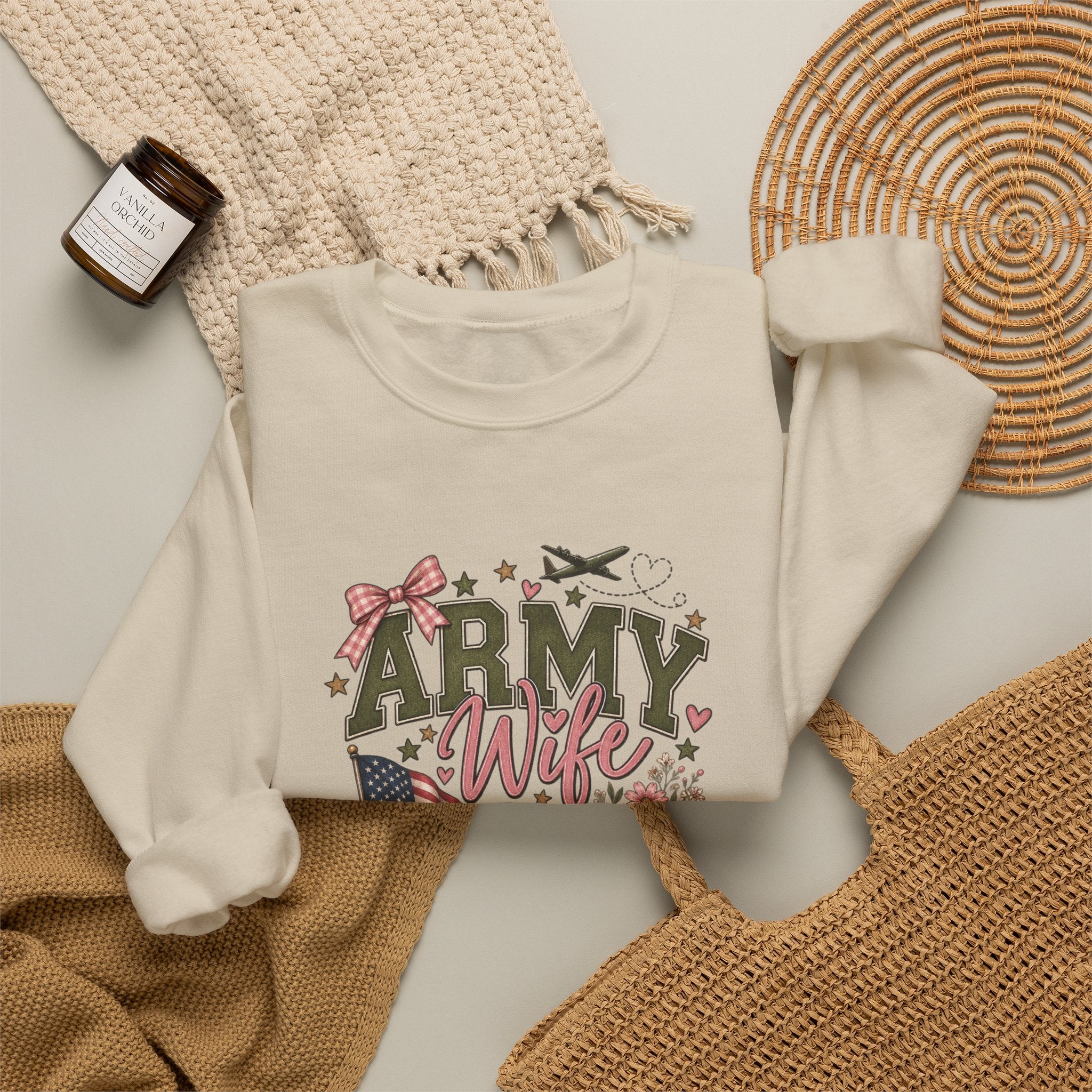 🎀 Army Wife Crewneck Sweatshirt | Military Spouse Sweatshirt with Boots, Pink Bows & Floral Sleeve Design | Army Wife Gift 🇺🇸