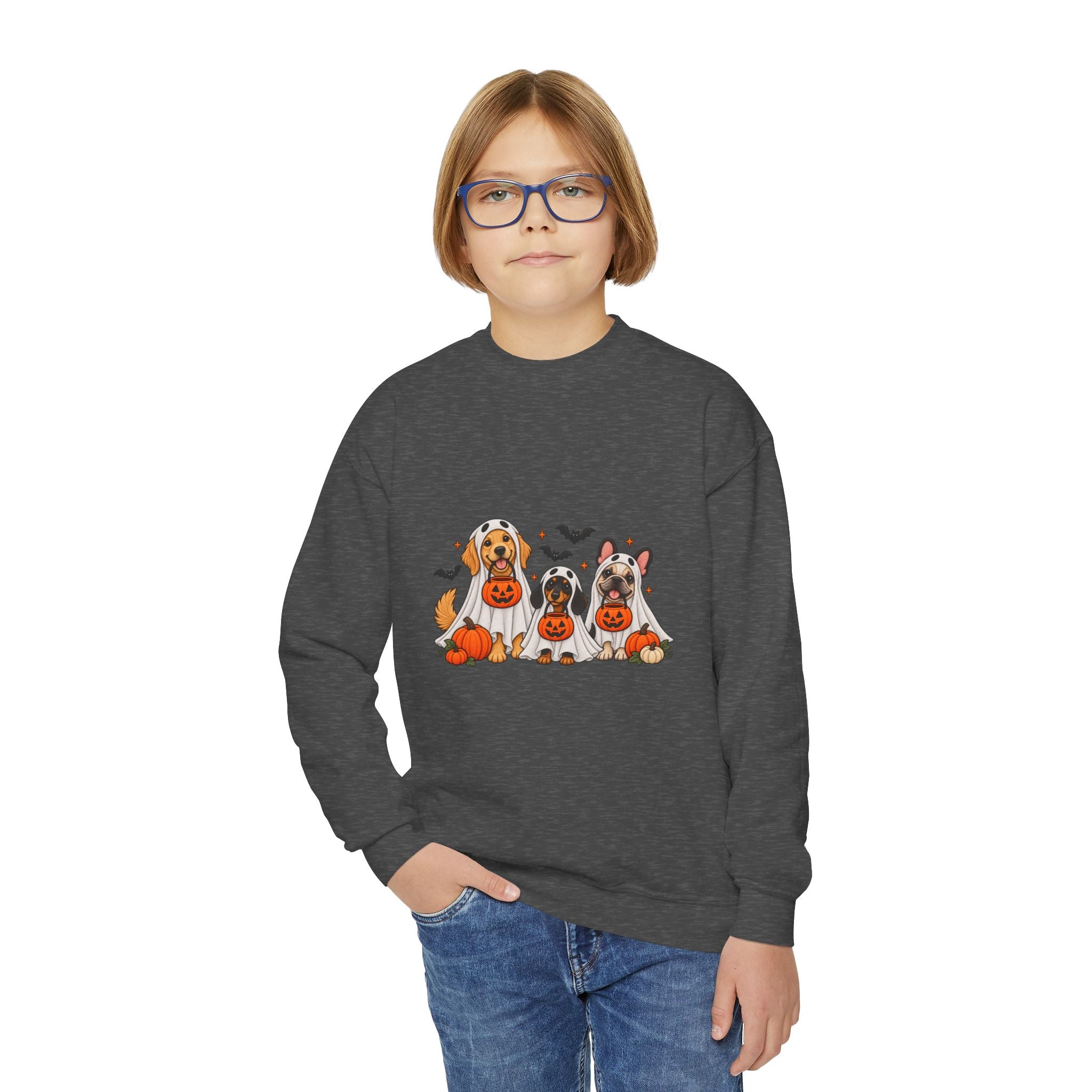 Kids' Halloween Puppy Crewneck Sweatshirt — Cute Dogs with Pumpkins Design