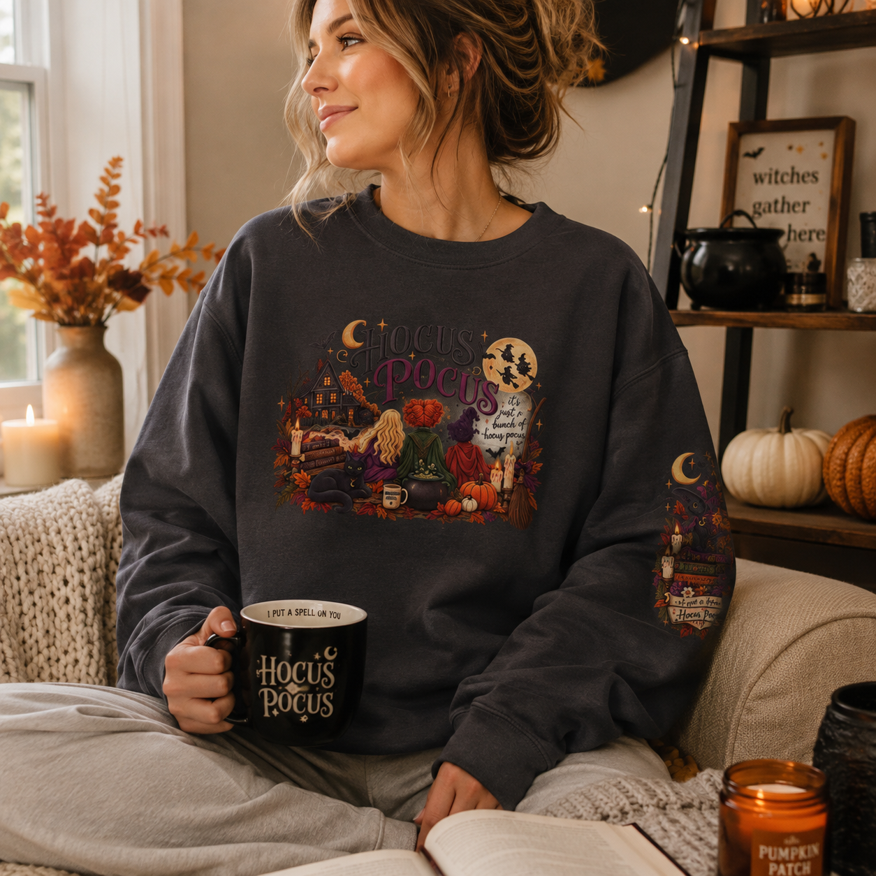 Hocus Pocus Crewneck Sweatshirt — Vintage Halloween Witch Scene