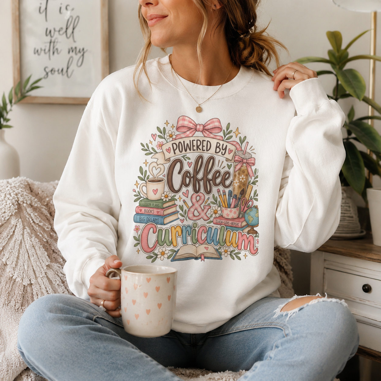 Powered by Coffee & Curriculum Crewneck Sweatshirt | Cute Homeschool Mom Pullover | Teacher Mama Gift