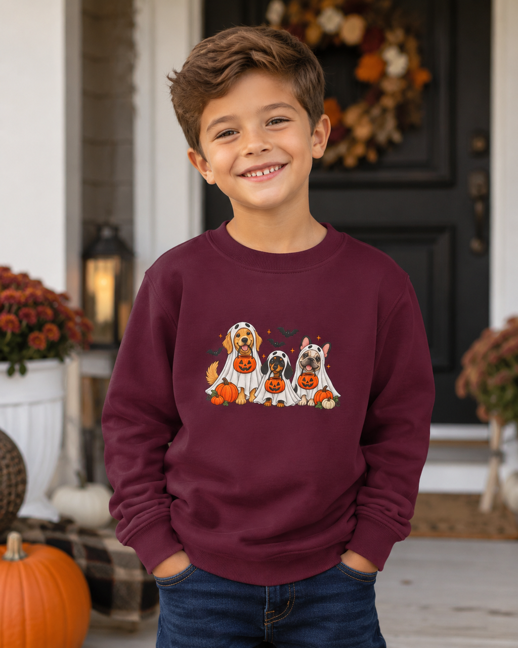 Kids' Halloween Puppy Crewneck Sweatshirt — Cute Dogs with Pumpkins Design