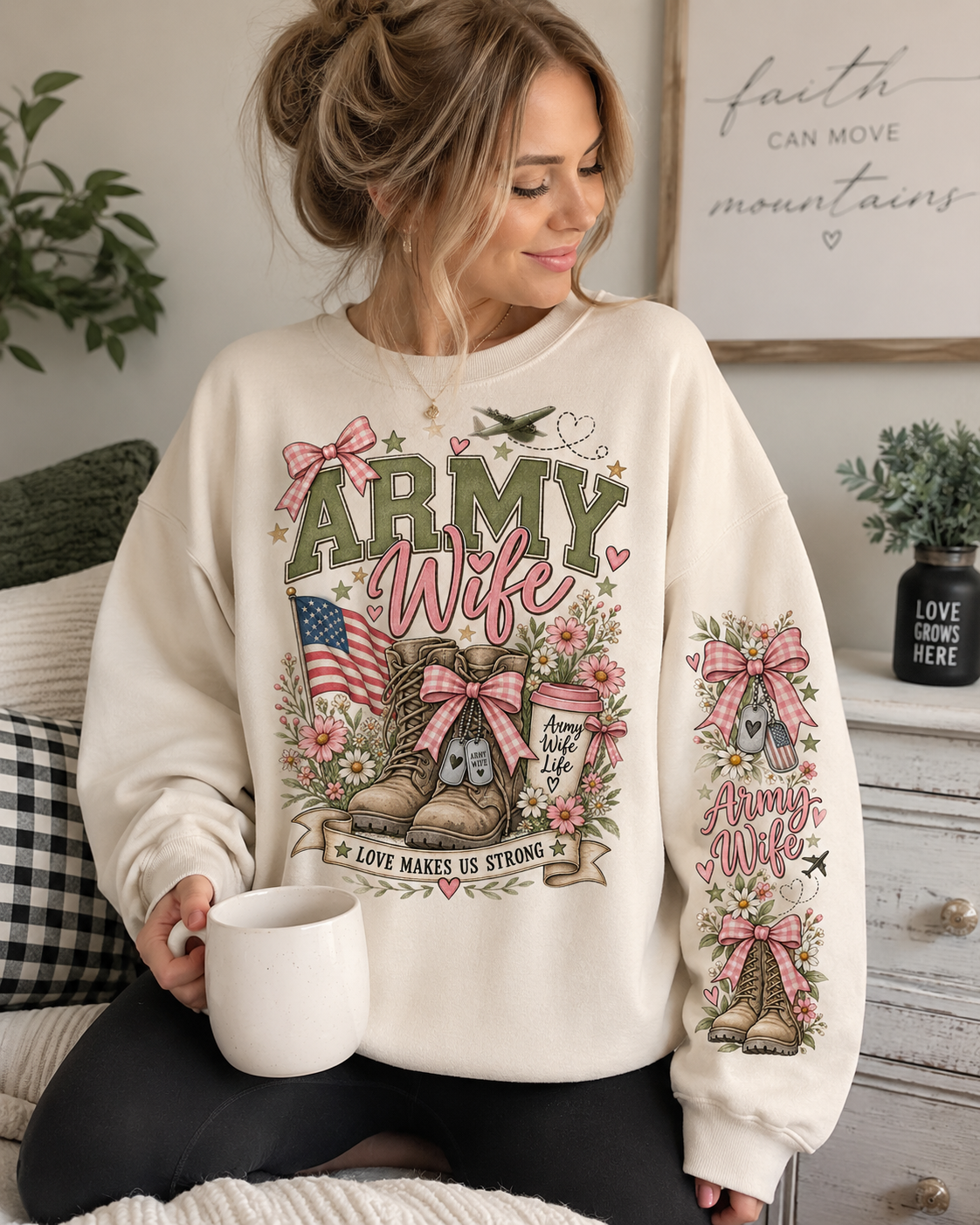 🎀 Army Wife Crewneck Sweatshirt | Military Spouse Sweatshirt with Boots, Pink Bows & Floral Sleeve Design | Army Wife Gift 🇺🇸